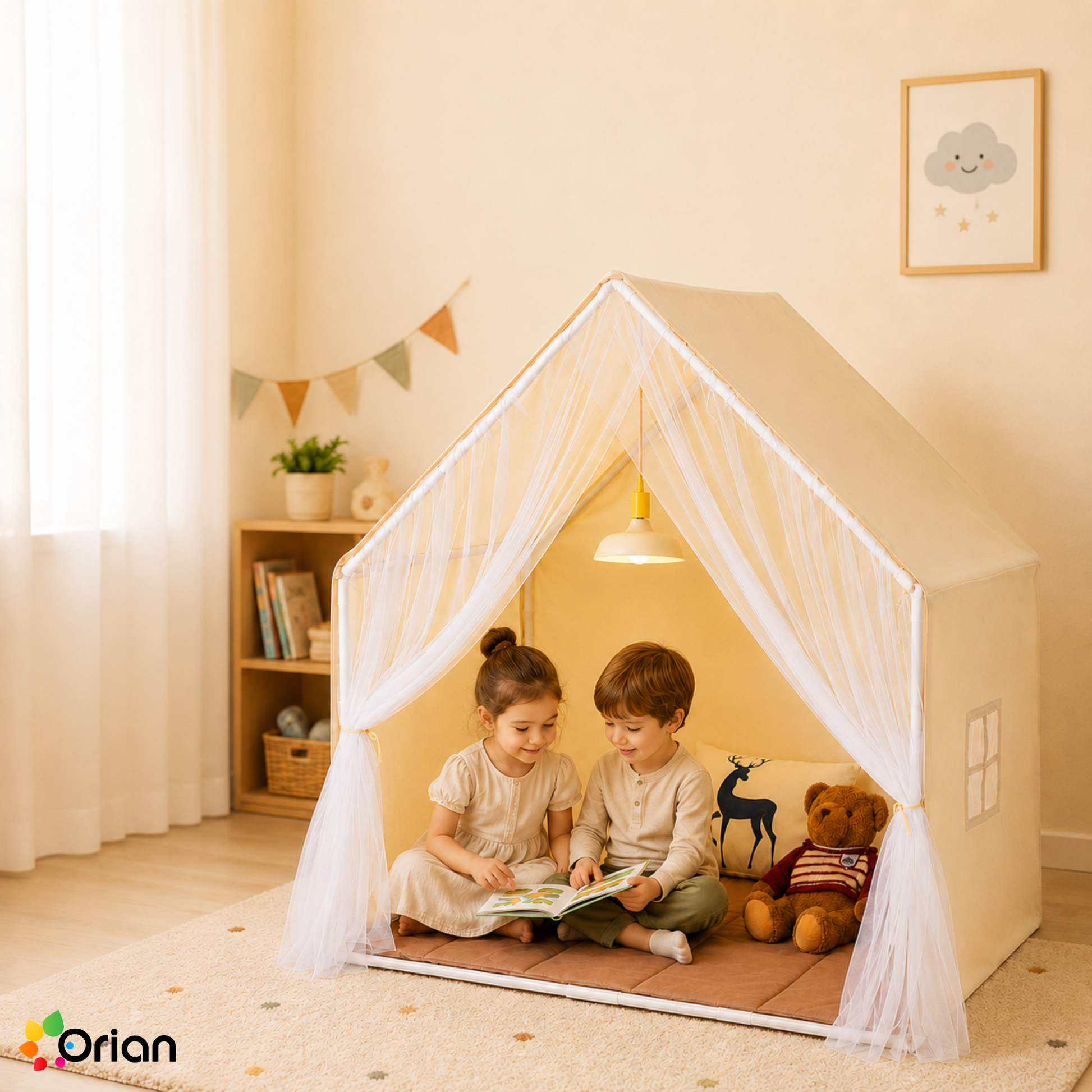 Orian beige kids yurt play tent with mat and lamp