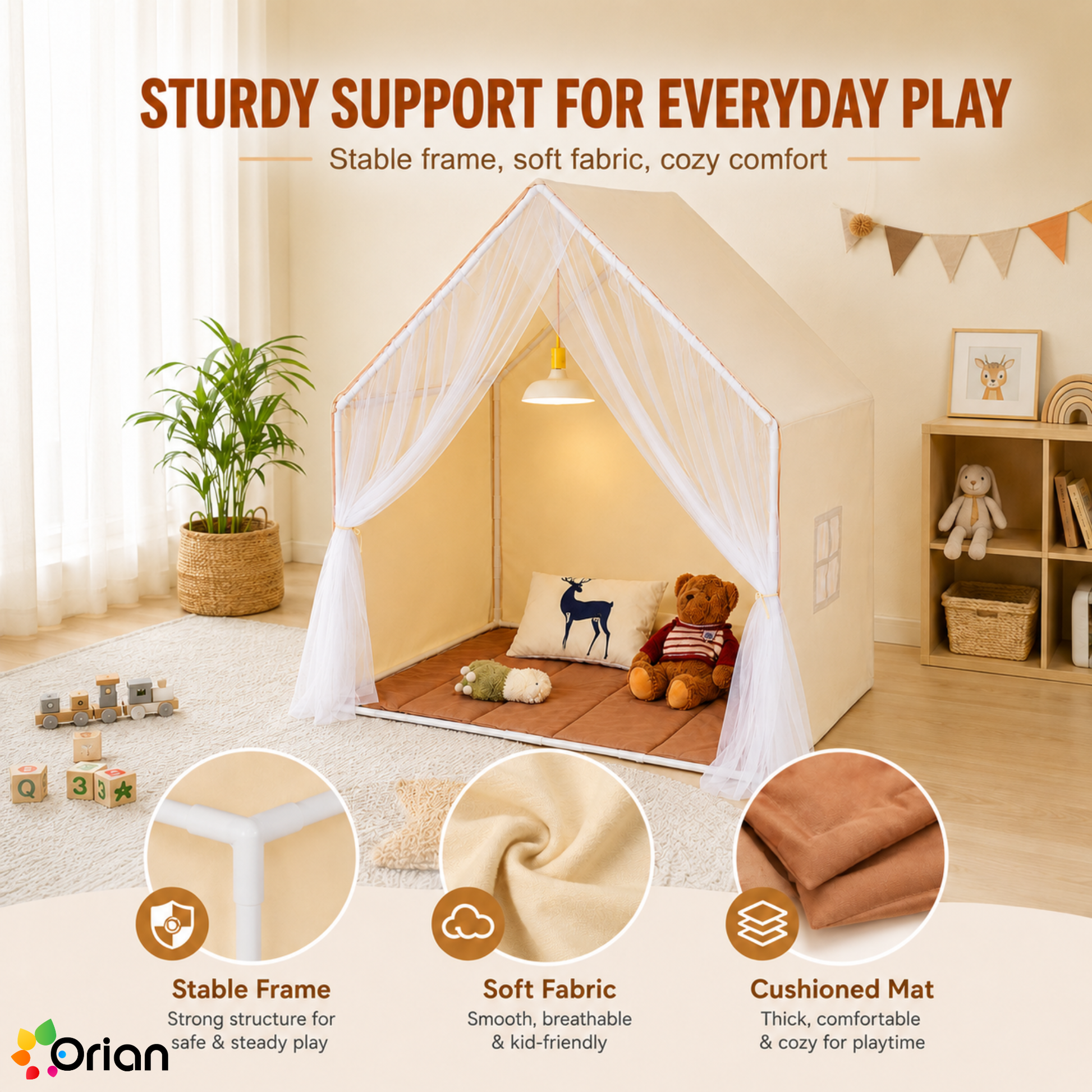 Orian beige kids yurt play tent with mat and lamp