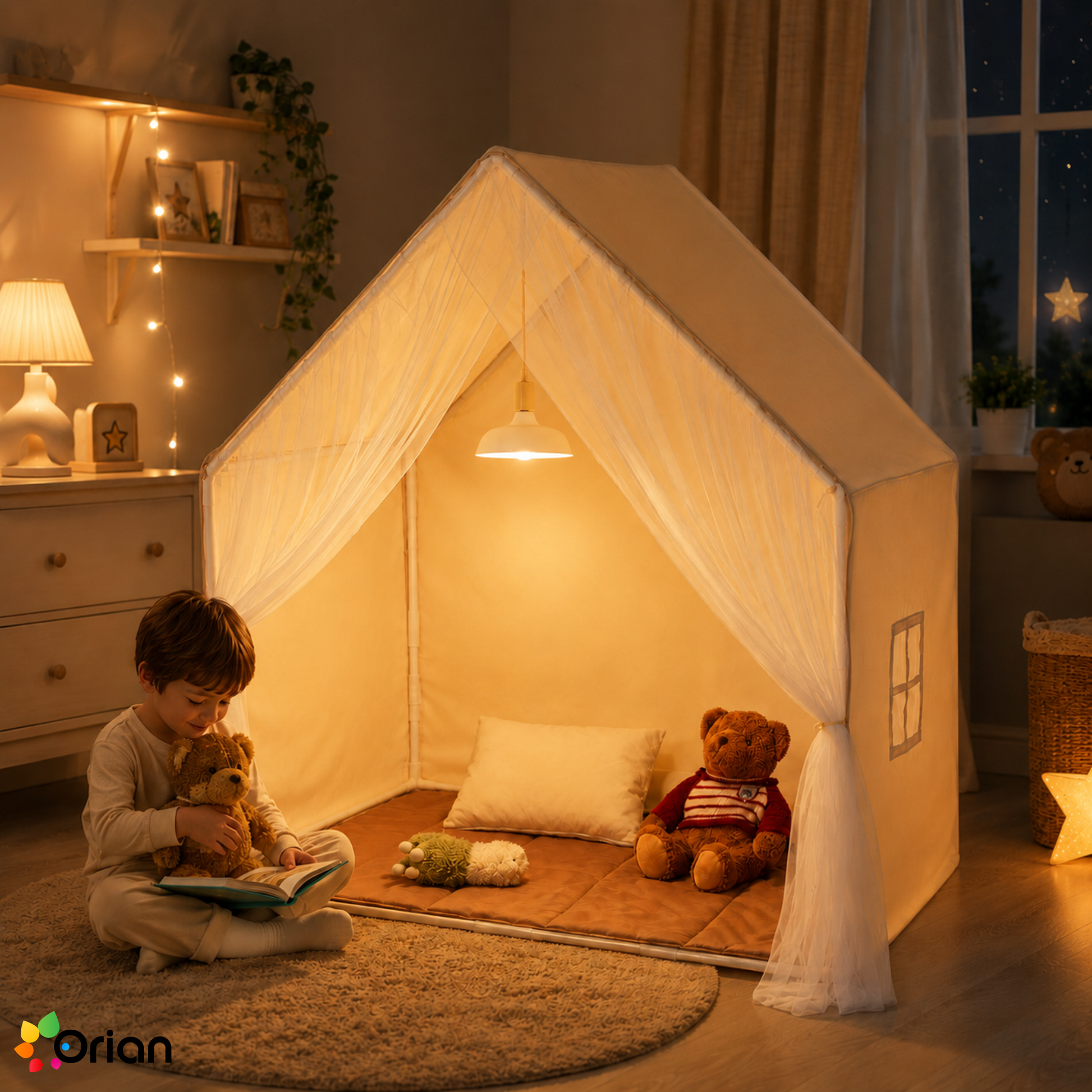 Orian beige kids yurt play tent with mat and lamp