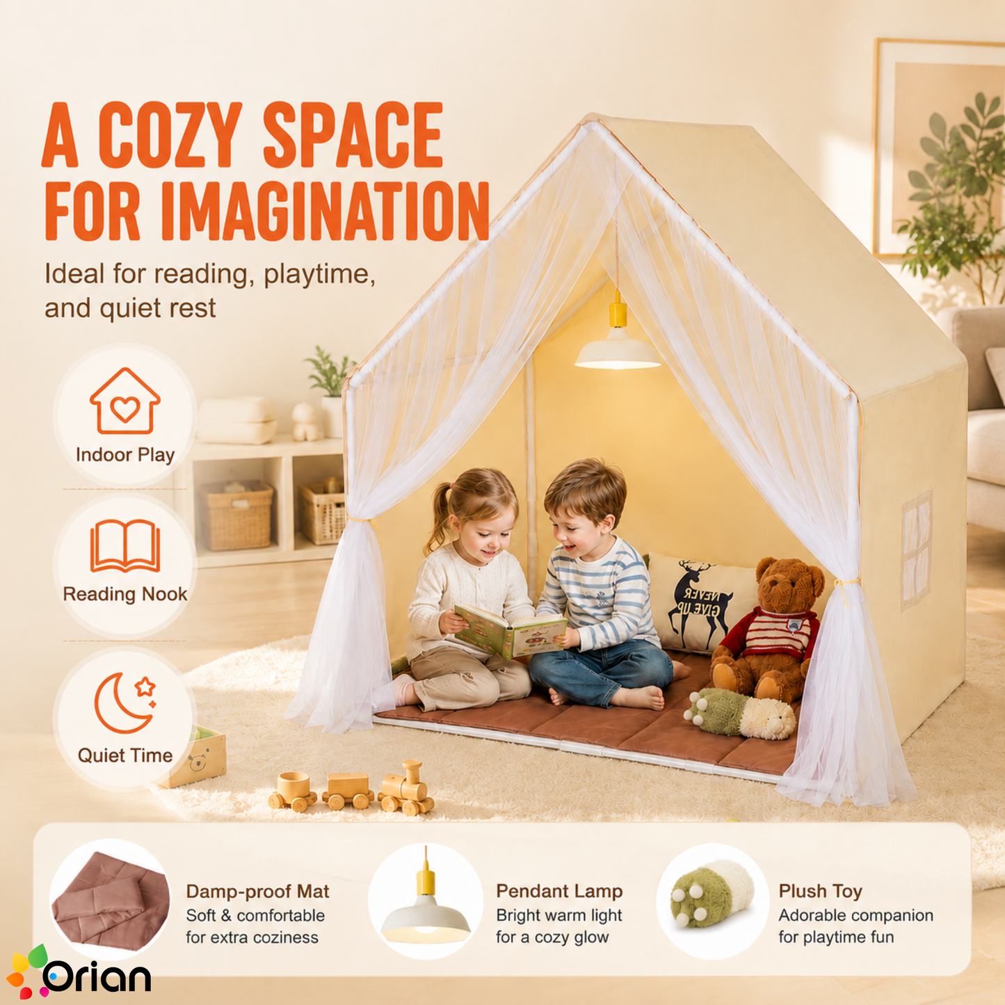 Orian beige kids yurt play tent with mat and lamp