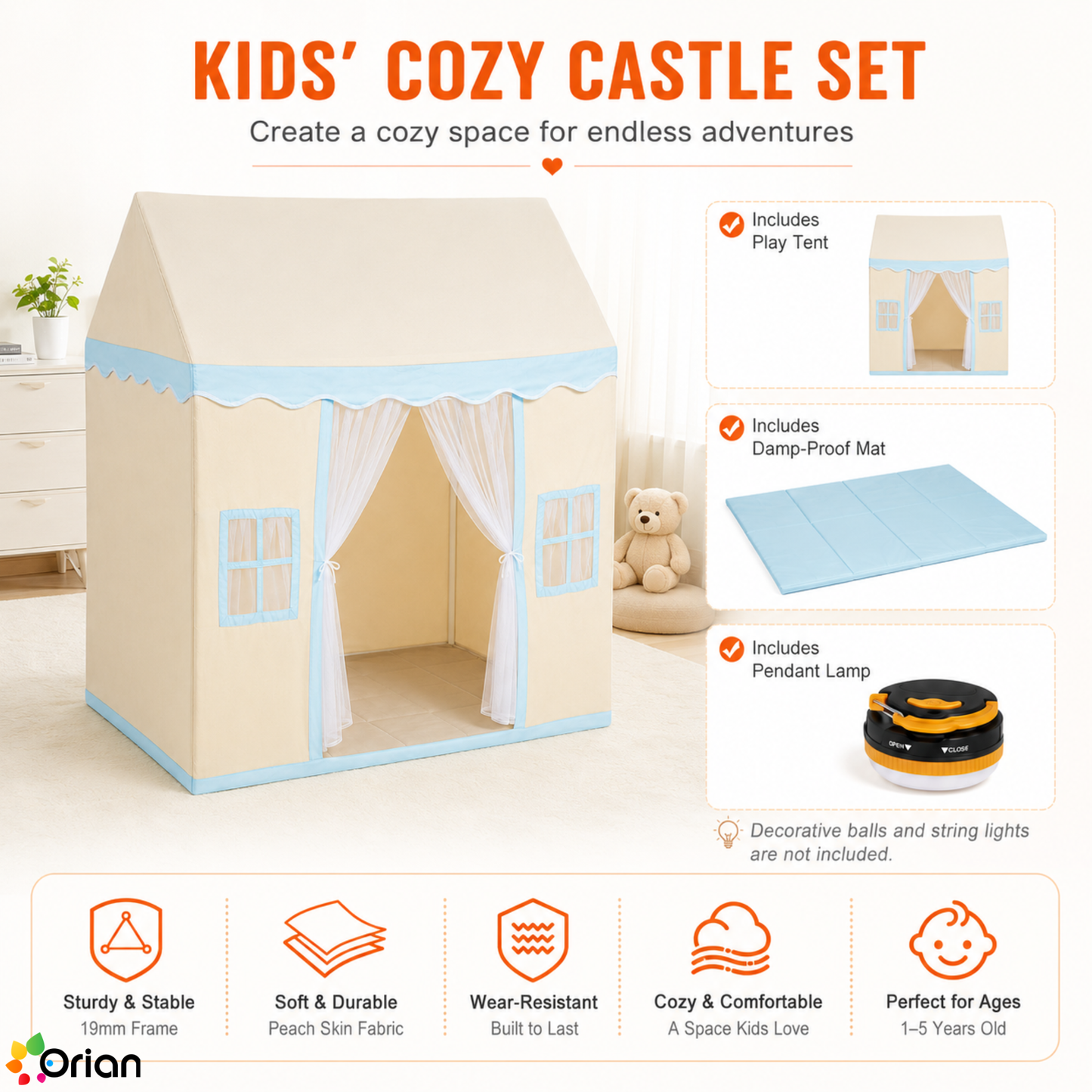 Orian beige kids castle play tent with mat and lamp