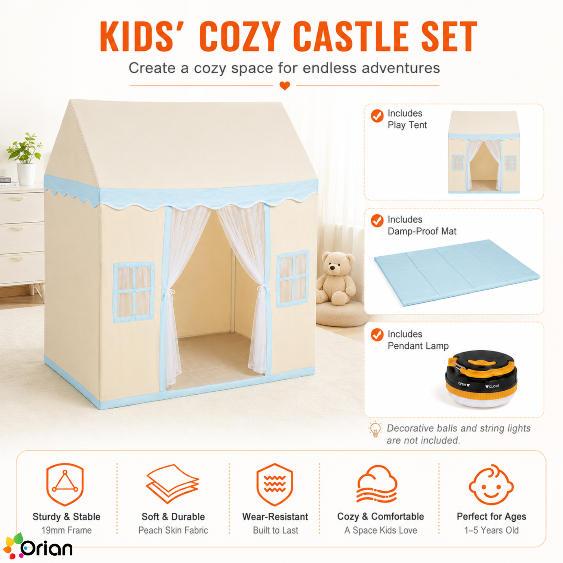 Orian beige kids castle play tent with mat and lamp