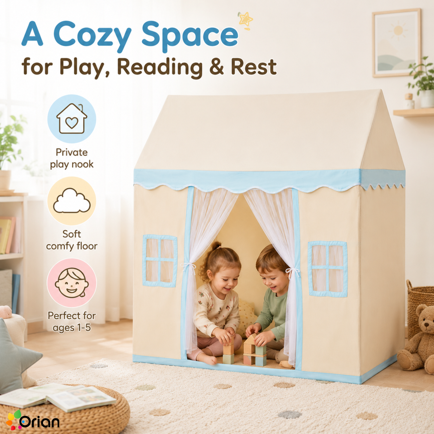 Orian beige kids castle play tent with mat and lamp