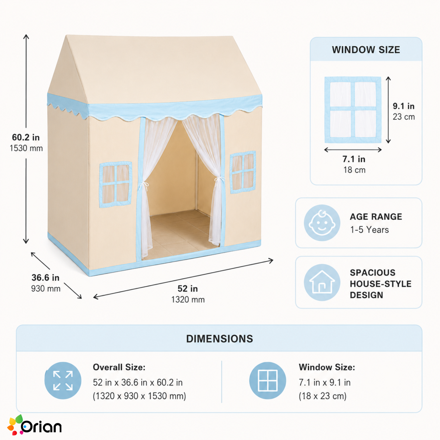Orian beige kids castle play tent with mat and lamp