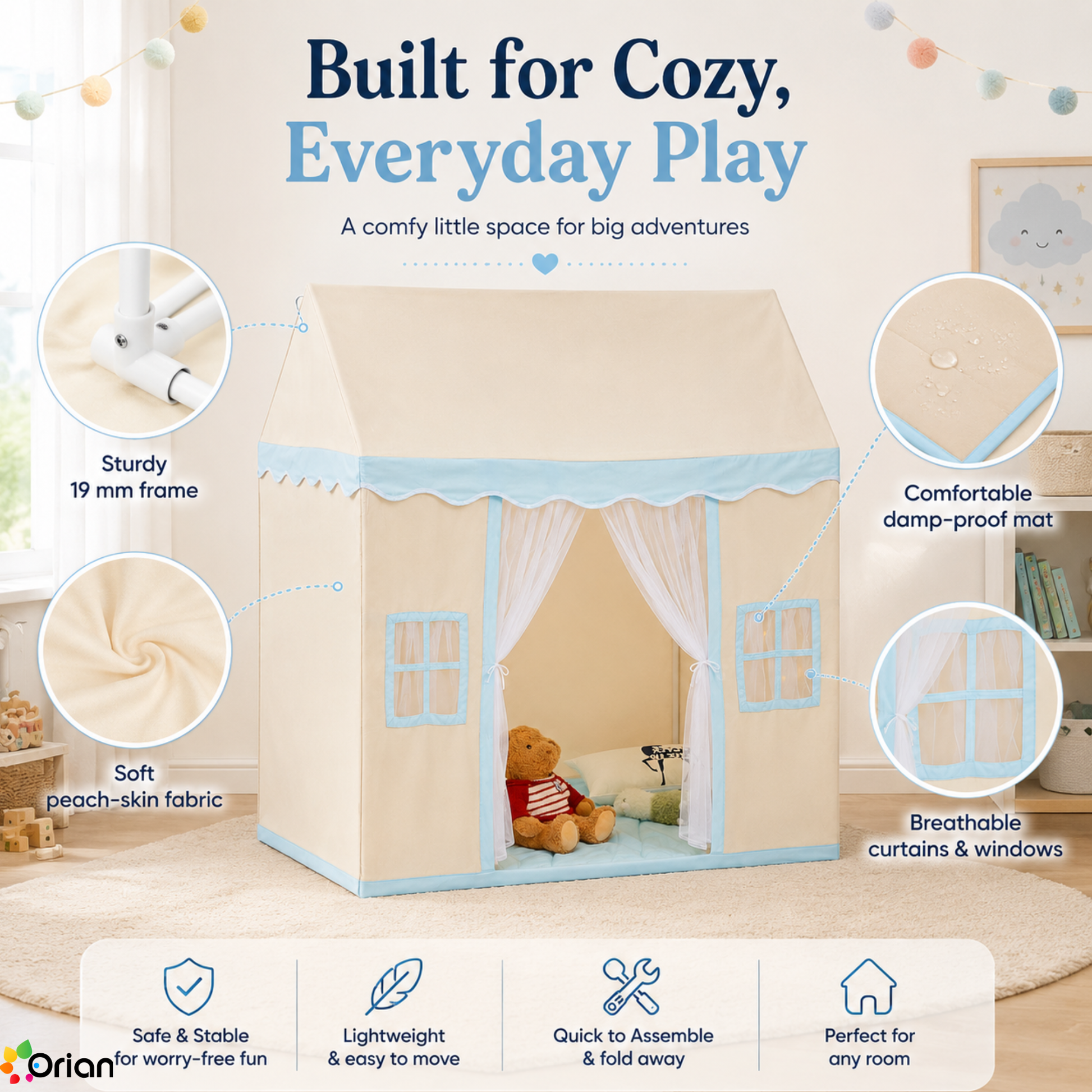 Orian beige kids castle play tent with mat and lamp