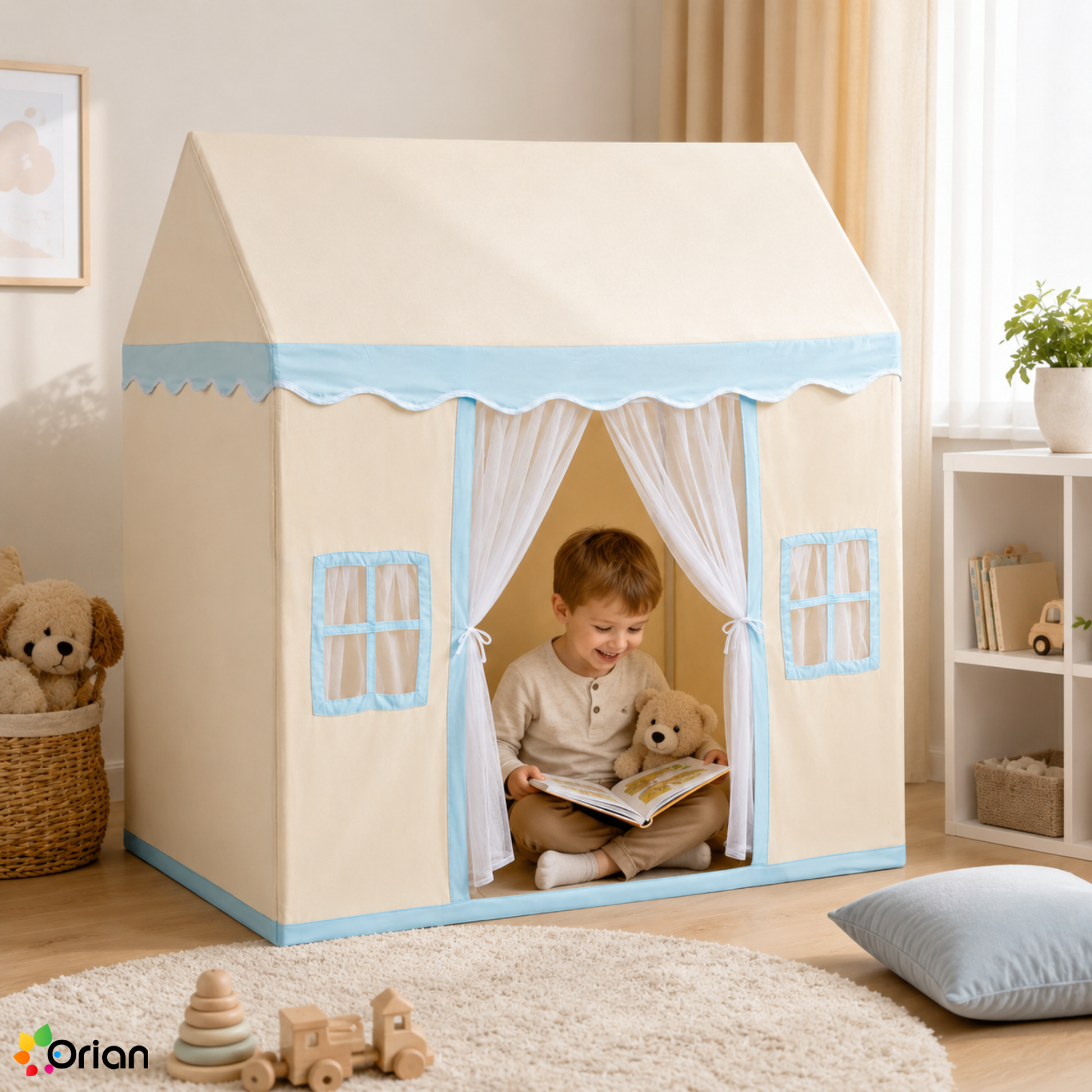Orian beige kids castle play tent with mat and lamp