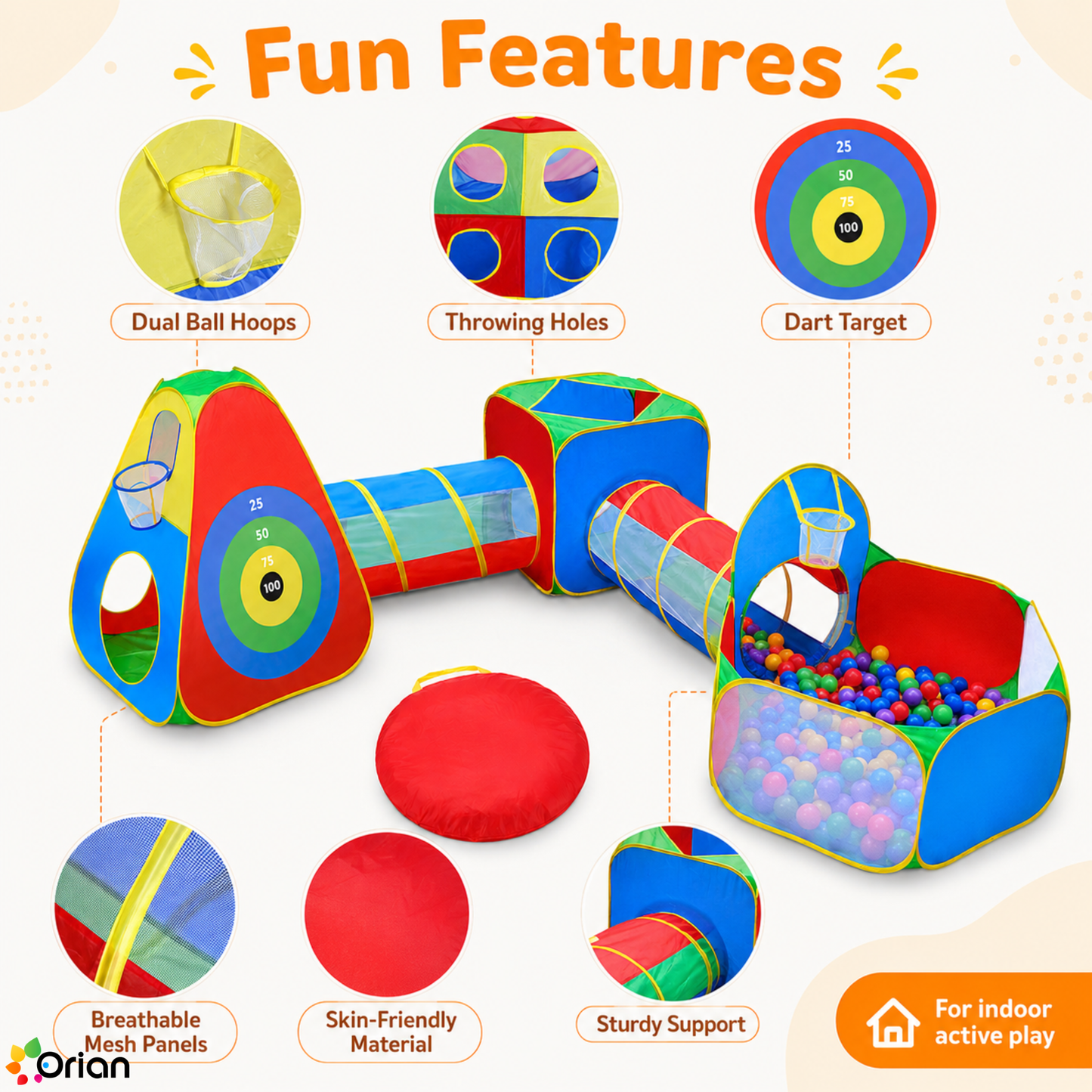 Orian 5-piece kids play tent set with ball pit and tunnels