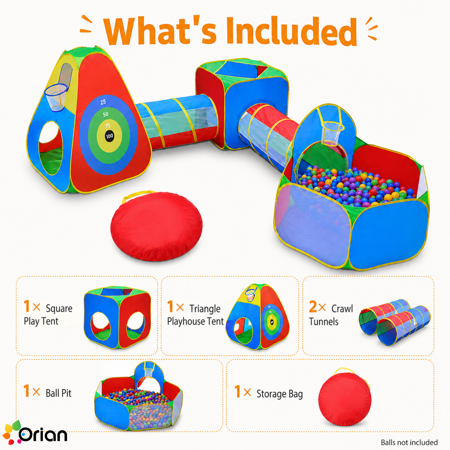 Orian 5-piece kids play tent set with ball pit and tunnels
